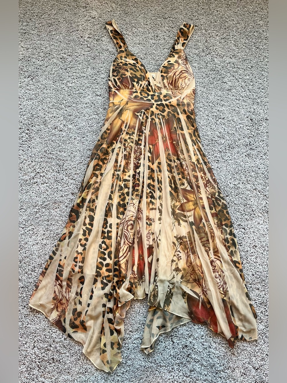 Studio Y Animal Print and Floral Handkerchief Hem Dress in Beige and Brown
